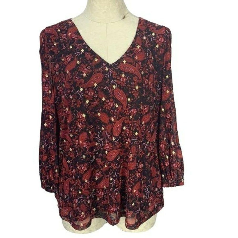 Sara Michele Woman's Red Black Paisley Print Lined Blouse‎ Size Large NEW